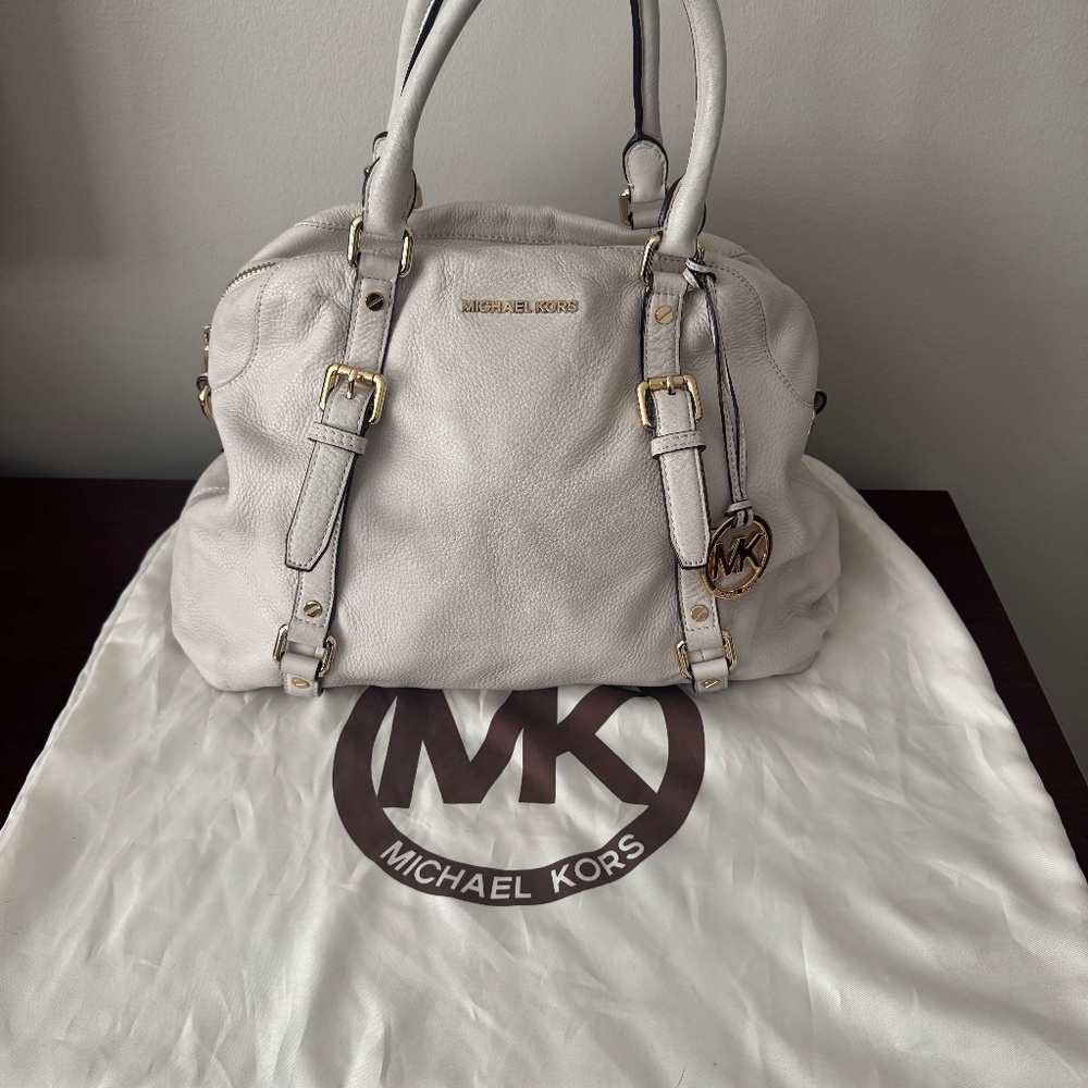 Michael Kors Ivory Pebbled Leather Top Handle Zipper Closure Satchel Bag